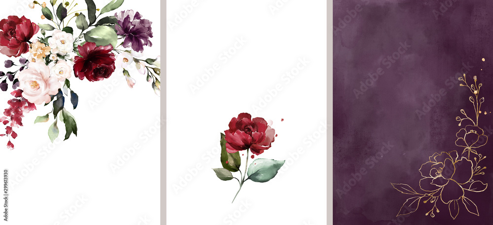 Gotowa do użycia karta. Projekt zaproszenia akwarela z czerwonych róż, liści. kwiat i akwarela tło. elementy kwiatowe, botaniczna ilustracja akwarela. Szablon na ślub. rama <span>plik: #299613930 | autor: lisima</span>
