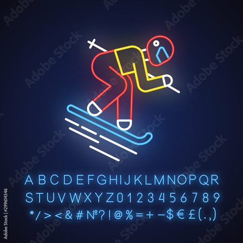 Skiing neon light icon. Winter extreme sport, risky activity and adventure. Cold seasonal outdoor dangerous leisure and hobby. Glowing sign with alphabet, numbers. Vector isolated illustration