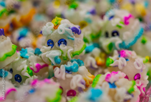 Sugar and glass sequins skulls, typical sweets during the time of the day of the dead in Mexico
