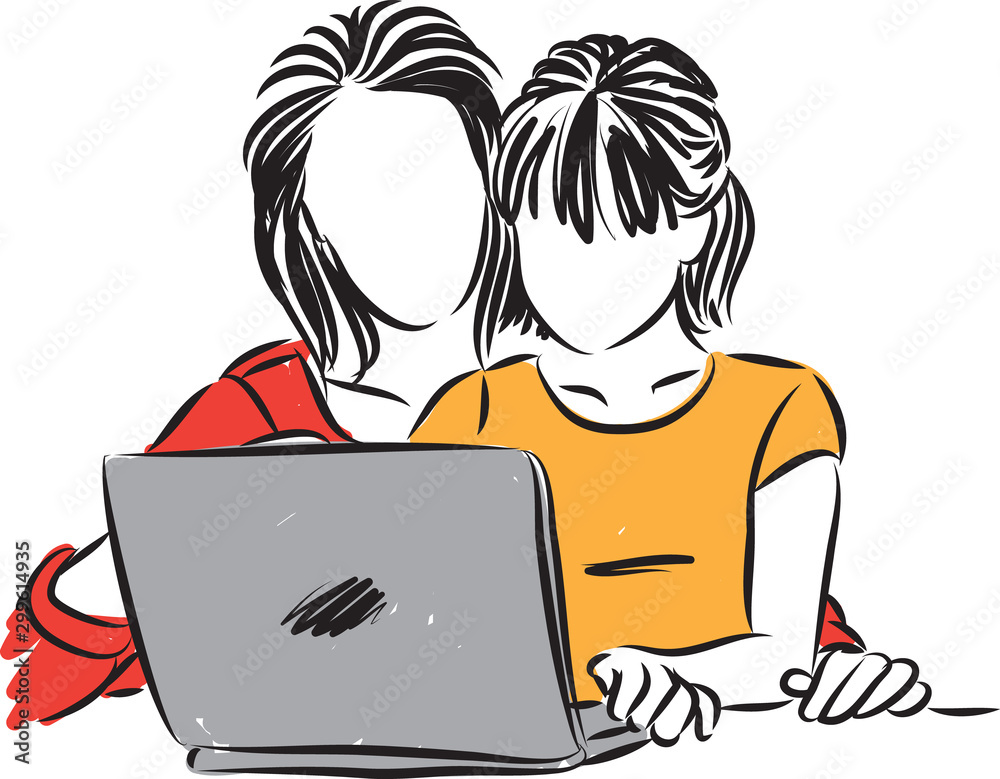 mother and girl working at computer laptop vector illustration mother and girl working at computer laptop vector illustration