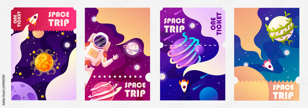 Cosmos, universe and sky. Spacecraft flying. Set of colorful templates for tickets, flyers, banners, posters, covers. Cartoonc hildren’s design. Vector