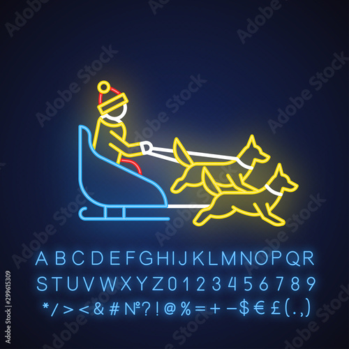 Dog sledding neon light icon. Winter extreme sport, risky activity and adventure. Cold season outdoor leisure. Person dogsledding. Glowing sign with alphabet. Vector isolated illustration
