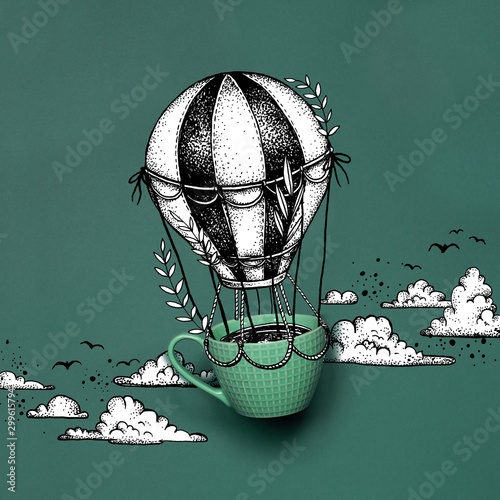 Flying cup of coffee in a hot air baloon