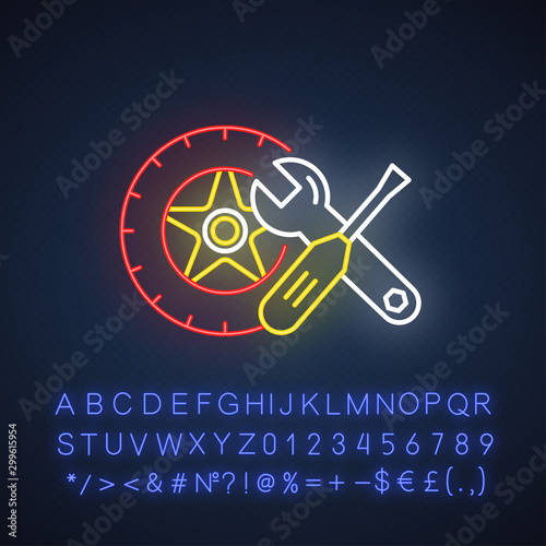 Auto parts neon light icon. Repair service maintenance concept. E commerce department, online shopping categories. Glowing sign with alphabet, numbers and symbols. Vector isolated illustration