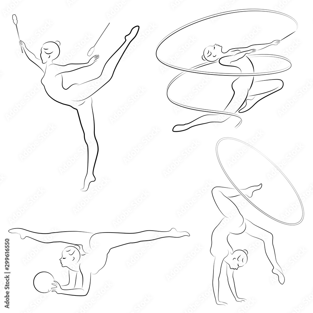 Collection. Rhythmic gymnastics. Silhouette of a girl with maces, ball, ribbon, hoop. Beautiful gymnast. The woman is slim and young. Vector illustration of a set.