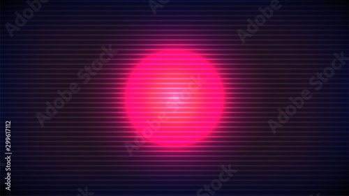 Synthwave Background. 80-s style pink Sun, Planet or Sphere on dark backdrop. Retro Future sci-fi look. Artificial Intelligence interface. Horizontal old TV stripes effect. Stock vector illustration