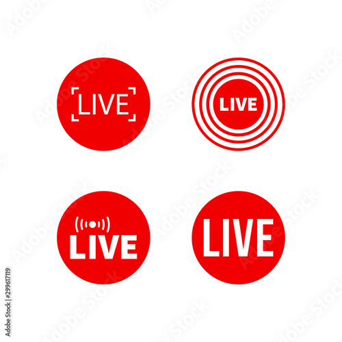 Set of live streaming icons. Red symbols and buttons of live streaming, broadcasting, online stream. Lower third template for tv, shows, movies and live performances. Vector illustration