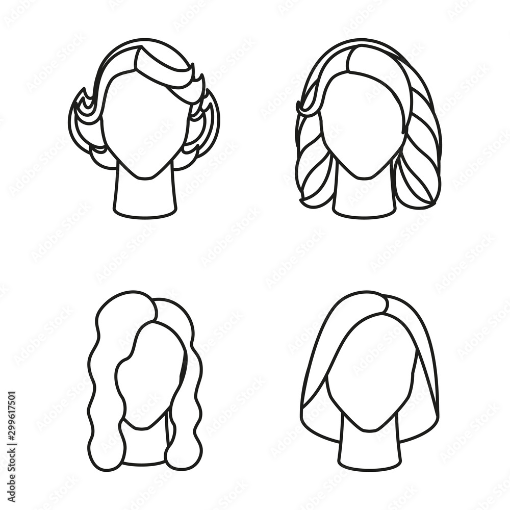 Line art black and white girl hairstyle set Line art black and white girl hairstyle set