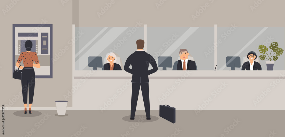 Bank office interior:Bank clerks sit behind barrier with glass, ATM or cash machine,bin.Elegant interior financial institution. Hall with bank counter with plant monstera in pot. Vector illustration Bank office interior:Bank clerks sit behind barrier with glass, ATM or cash machine,bin.Elegant interior financial institution. Hall with bank counter with plant monstera in pot. Vector illustration