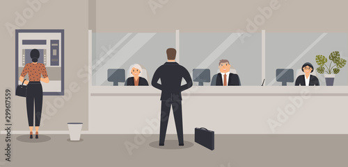 Bank office interior:Bank clerks sit behind barrier with glass, ATM or cash machine,bin.Elegant interior financial institution. Hall with bank counter with plant monstera in pot. Vector illustration