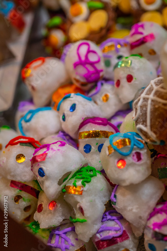 Sugar skulls made of sugar  are typical sweets during the time of October and November for the day of the dead in Mexico
