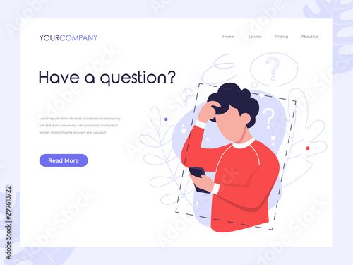 Man confuse starring at the phone, FAQ  flat vector illustration concept, can be used for landing page, ui, web, app intro card, editorial, flyer, and banner.
