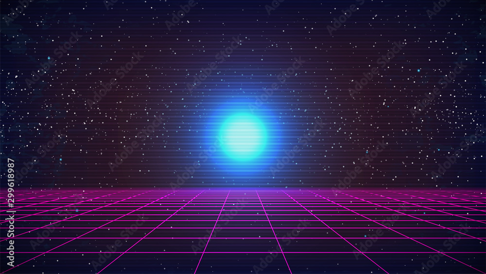 Synthwave Retro Future Background. Pink Perspective Grid. Starry sky ...