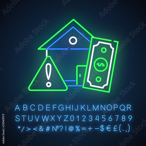 Home loan risk neon light icon. Credit with interest rate to buy real estate building. Debt danger form buying house. Glowing sign with alphabet, numbers and symbols. Vector isolated illustration