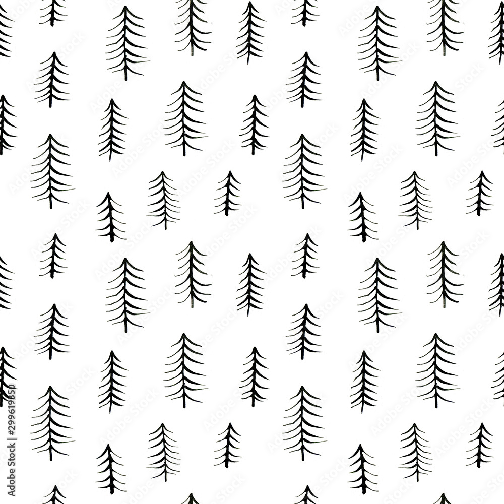 Ink seamless black and white pattern of Christmas tree . Hand drawn illustration on the white background