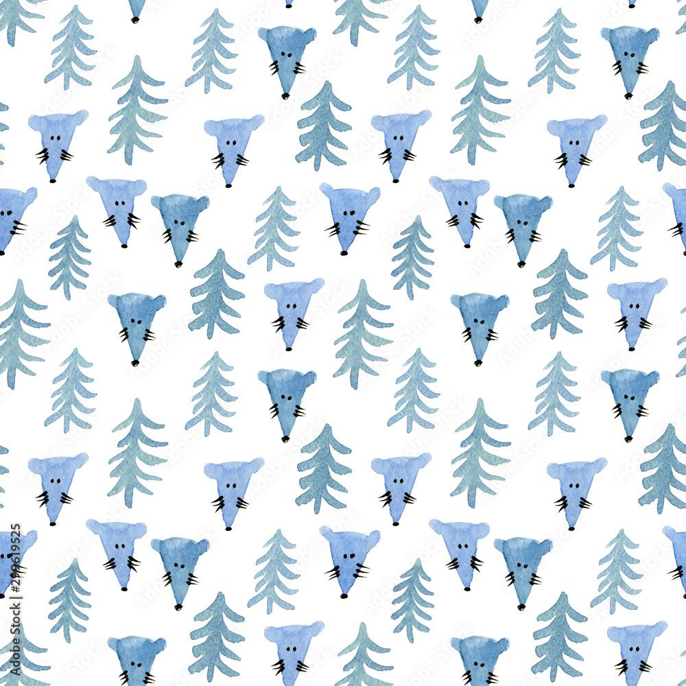 Watercolor seamless blue pattern of Christmas tree and mouse. Hand drawn illustration on the white background