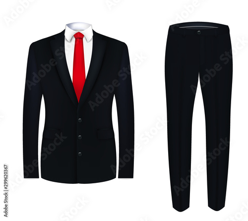 Red tie, white shirt and black suit. close up. vector