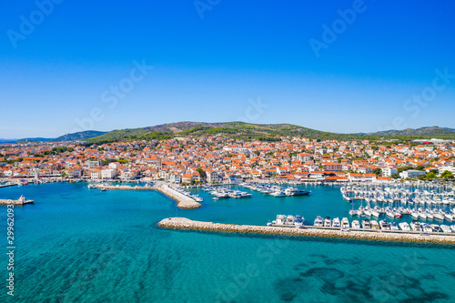 Town of Vodice and amazing turquoise coastline on Adriatic coast, aerial view, Croatia