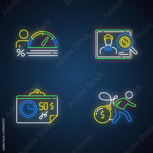 Credit neon light icons set. Personal creditworthiness report. Bunkrapcy risk. Credit score. Paycheck, bill, tax sheet with price. Heavy credit card debt. Glowing signs. Vector isolated illustrations