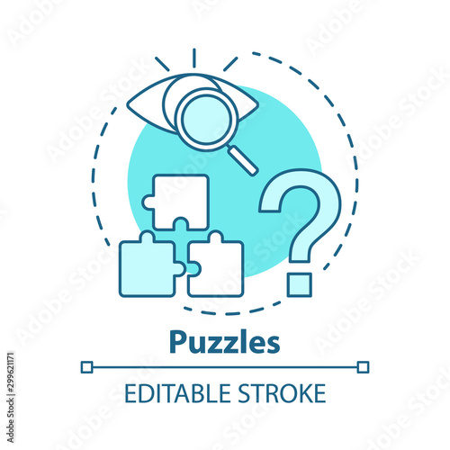 Puzzles concept icon. Quest game idea thin line illustration. Looking for answer, clues. Jigsaw parts. Solving problem, searching solution. Vector isolated outline drawing. Editable stroke