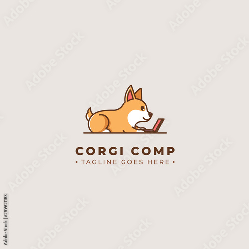 Cute corgi dog in front of laptop, vector logo illustration