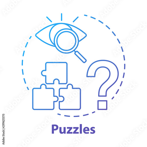 Puzzles blue gradient concept icon. Quest game idea thin line illustration. Looking for answer, clues. Jigsaw parts. Solving problem, searching solution. Vector isolated outline drawing