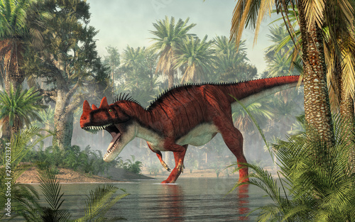 Ceratosaurus was a carnivorous theropod dinosaur of the Jurassic era most notable for the horns on its snout over its eyes. Here, one wades in a river. 3D Rendering. © Daniel Eskridge
