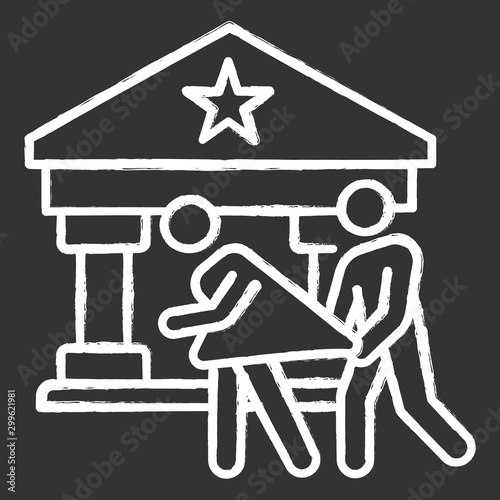 Custodial rape chalk icon. Women abuse of person in supervisory position. Violent behavior of authority, policeman. Sexual harassment, assault of female. Isolated vector chalkboard illustration