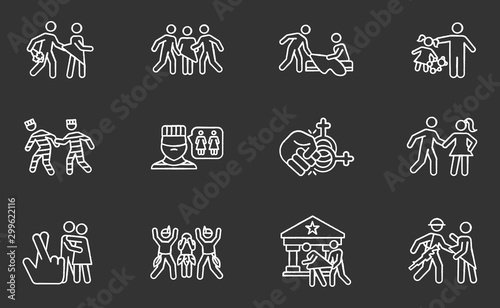 Different rape types chalk icons set. Date, statutory, children and spousal rape. Abuse of women in prison. Sexual harassment and assault of females. Isolated vector chalkboard illustrations