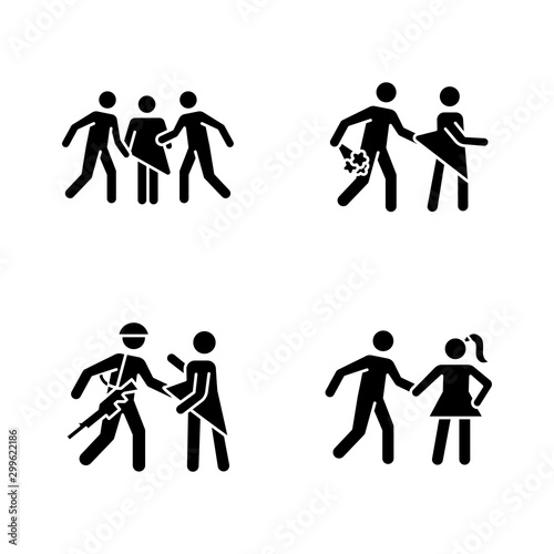 Different rape types glyph icons set. Silhouette symbols. Sexual harassment of women. Date, statutory, war and gang rape. Sexual assaulted female victims. Vector isolated illustration