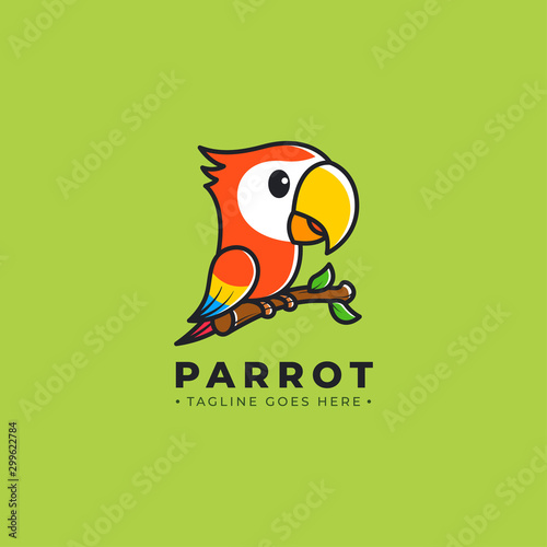 Cute colorful Parrot perch on branch, vector logo illustration