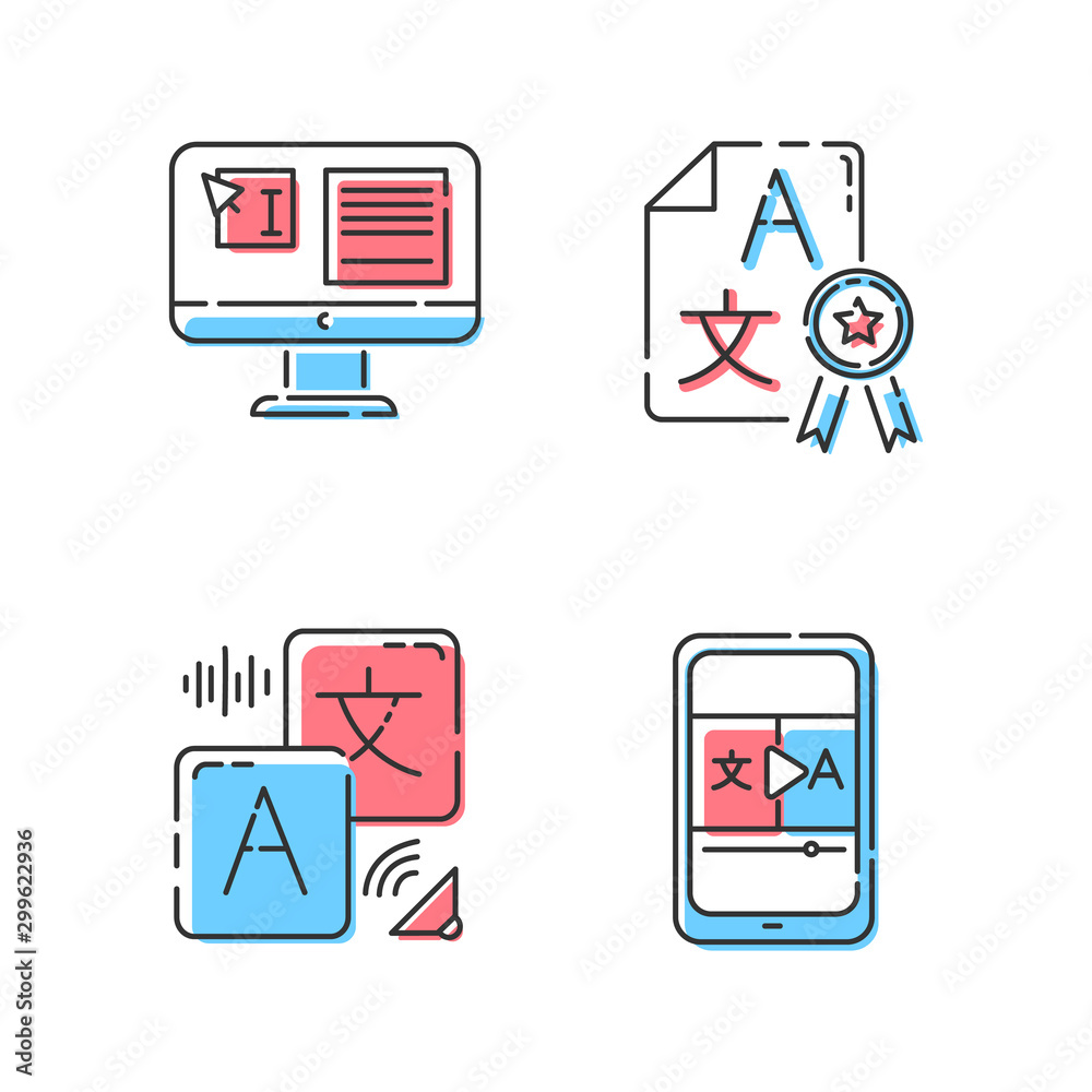 Machine translation color icons set. Audio and video instant online translator. Text editing. Quality control. Certified translation, DTP services. Isolated vector illustrations Machine translation color icons set. Audio and video instant online translator. Text editing. Quality control. Certified translation, DTP services. Isolated vector illustrations