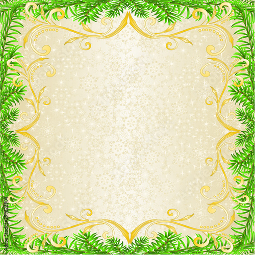 Wallpaper Mural Christmas and New Year decoration frame golden ornaments  golden leaves  and fir tree branch  and golden snowflakes vintage vector illustration editable hand draw Torontodigital.ca
