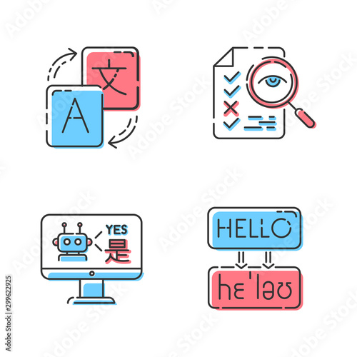 Machine translation services color icons set. Instant online translation. Multilingual chatbot. Artificial intelligence. Transcription and proofreading. Isolated vector illustrations