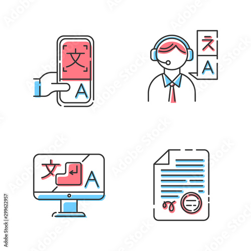 Translation color icons set. Human interpretation, apostilles and document legalization. Online dictionary mobile application. Instant translator desktop app. Isolated vector illustrations