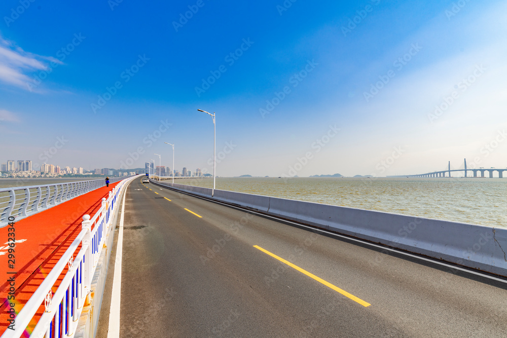 The scenery of the artificial island construction bridge at the Port-Zhuhai-Macao Bridge port in Zhuhai, Guangdong Province