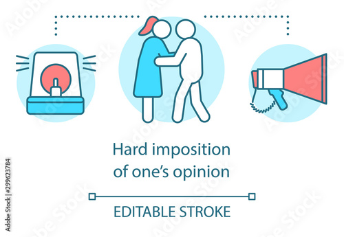 Hard imposition of ones opinion concept icon. Aggressive persuasion, communication problem idea thin line illustration. Arguing couple and megaphone vector isolated outline drawing. Editable stroke