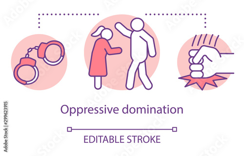 Oppressive domination concept icon. Abusive relationship, family problem idea thin line illustration. Handcuffs, fighting couple and striking fist vector isolated outline drawing. Editable stroke