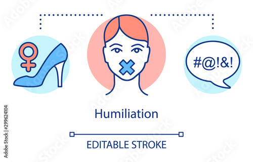 Humiliation concept icon. Relationship trouble, hostile behaviour idea thin line illustration. Gender discrimination, woman with taped mouth Vector isolated outline drawing. Editable stroke