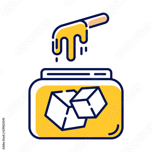 Sugar waxing color icon. Natural soft cold wax in jar with spatula. Body hair removal equipment. Tools for depilation. Professional beauty treatment cosmetics. Isolated vector illustration