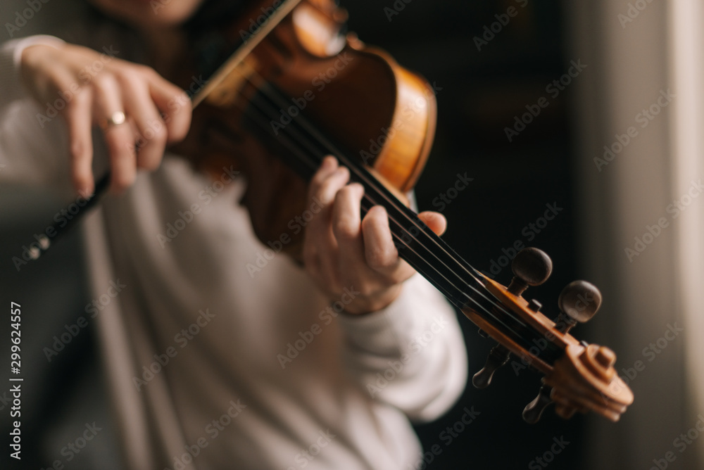 Handsome woman musician plays the violin in her home, close-up. Female 's face is not visible. Handsome woman musician plays the violin in her home, close-up. Female 's face is not visible.