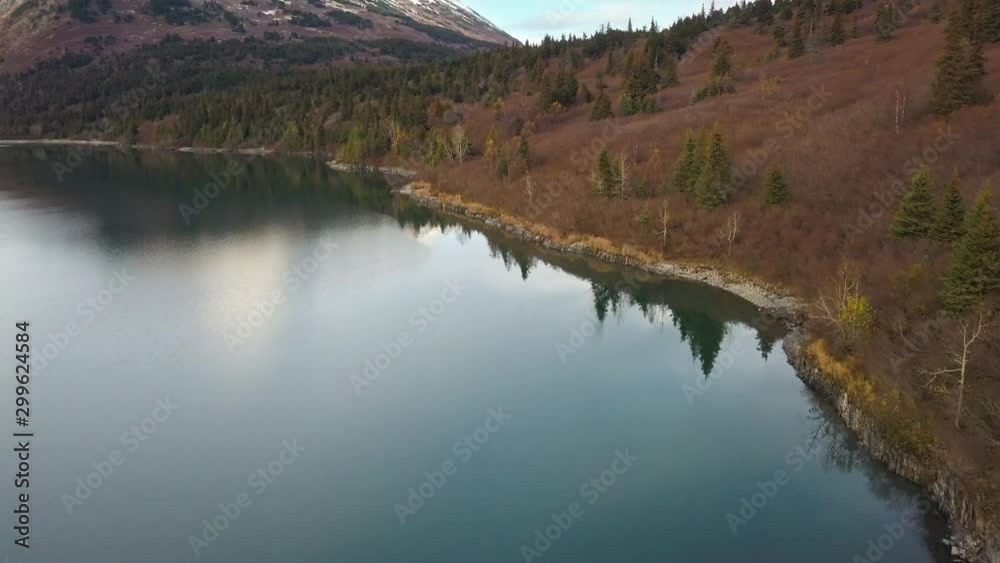 Aerial view following the shoreline on Cooper Lake in Alaska at fall Aerial view following the shoreline on Cooper Lake in Alaska at fall