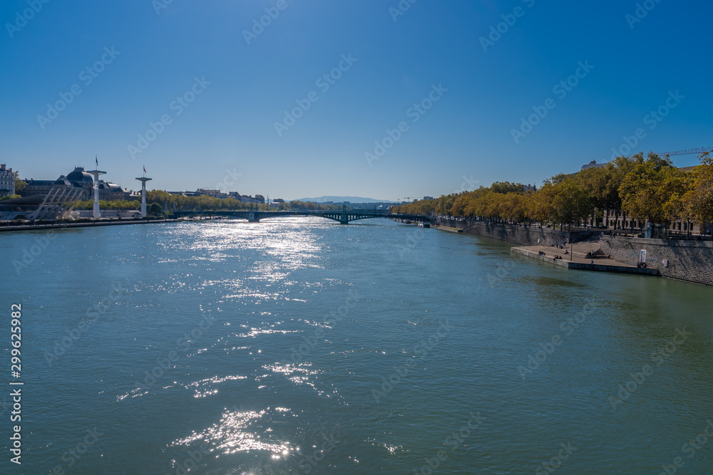 Lyon, France - 10 26 2019: View of the University Bridge from the Guillotière Bridge