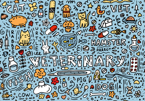 Veterinary color Doodle seamless pattern