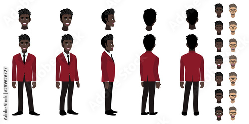 African American Businessman cartoon character head set and animation design. Front, side, back, 3-4 view animated character. Flat vector illustration.