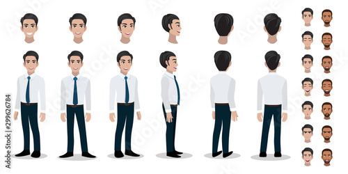 Businessman cartoon character head set and animation. Front, side, back, 3-4 view character. Flat icon design vector