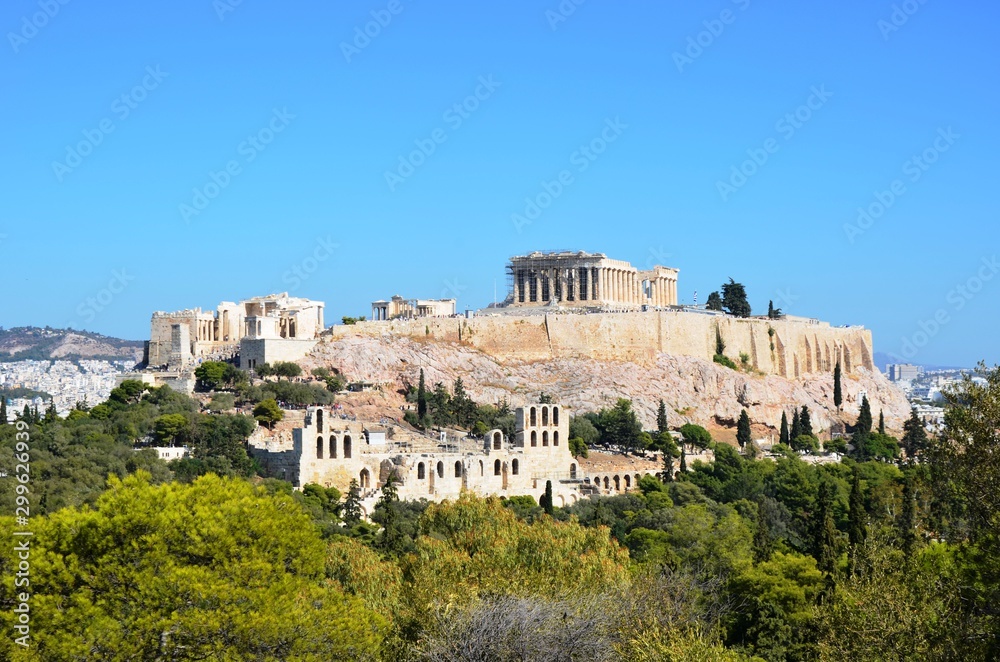 Athens, Greece, 10.27.2019.   Athenian Acropolis on the hill - world heritage site. Religious buildings of ancient times. 