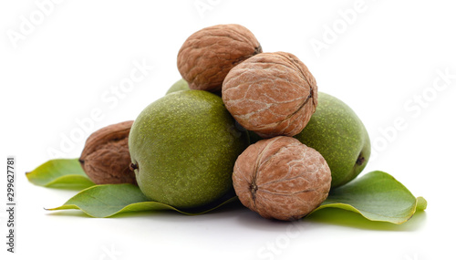 Green nuts with leaves.