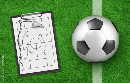 Soccer tactic, football ball and clipboard with coach drawings on stadium green grass, team defence game strategy in tournament or team competition, clip board with Realistic 3d vector illustration