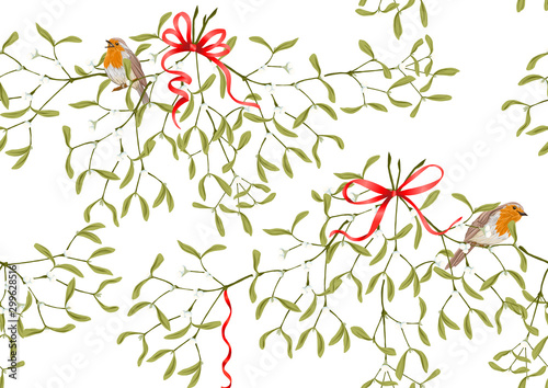 Seamless pattern  background. Mistletoe  Robin bird and ribbon. Colored vector illustration